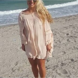 Beige Off-Shoulder Dress with Lace Details